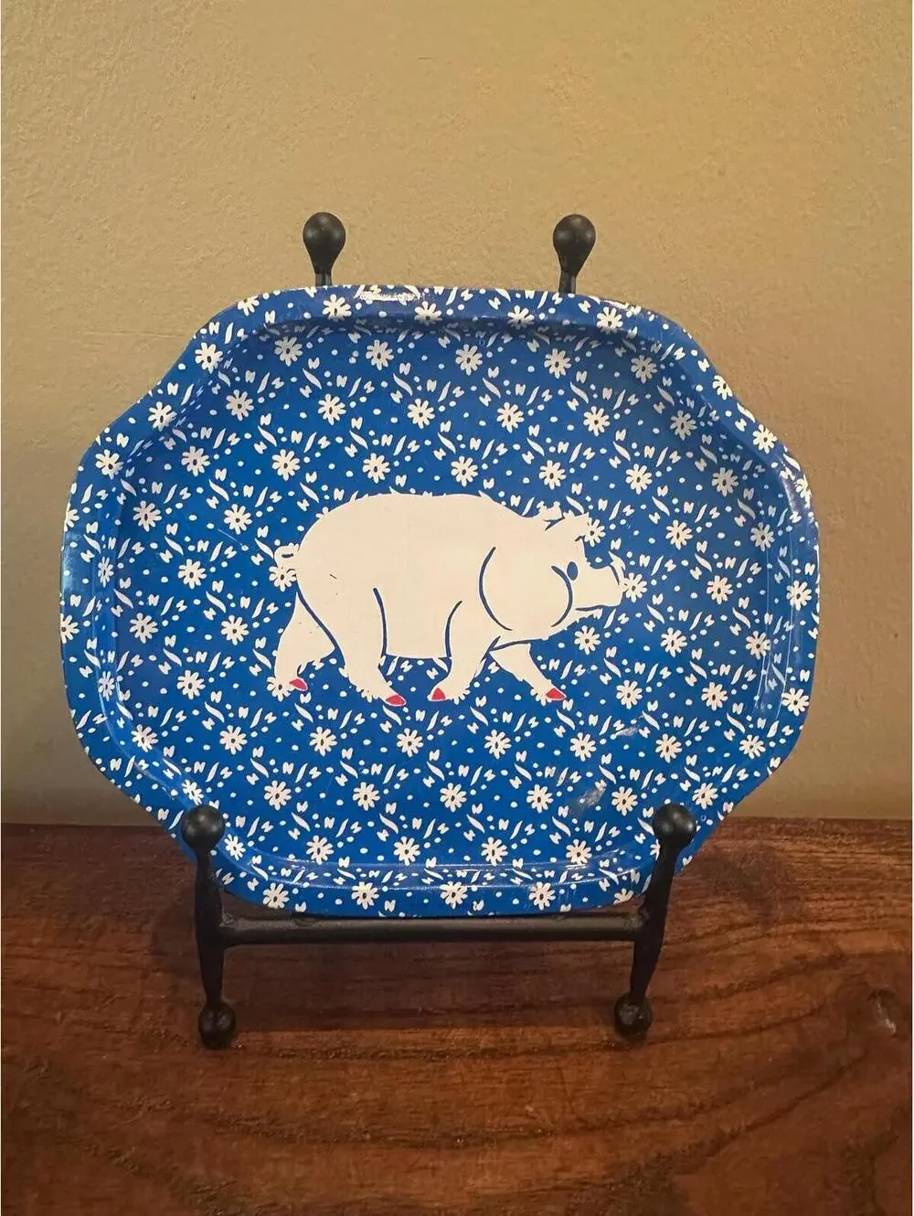 Vintage Metal Blue Pig Tray Farmhouse Decor